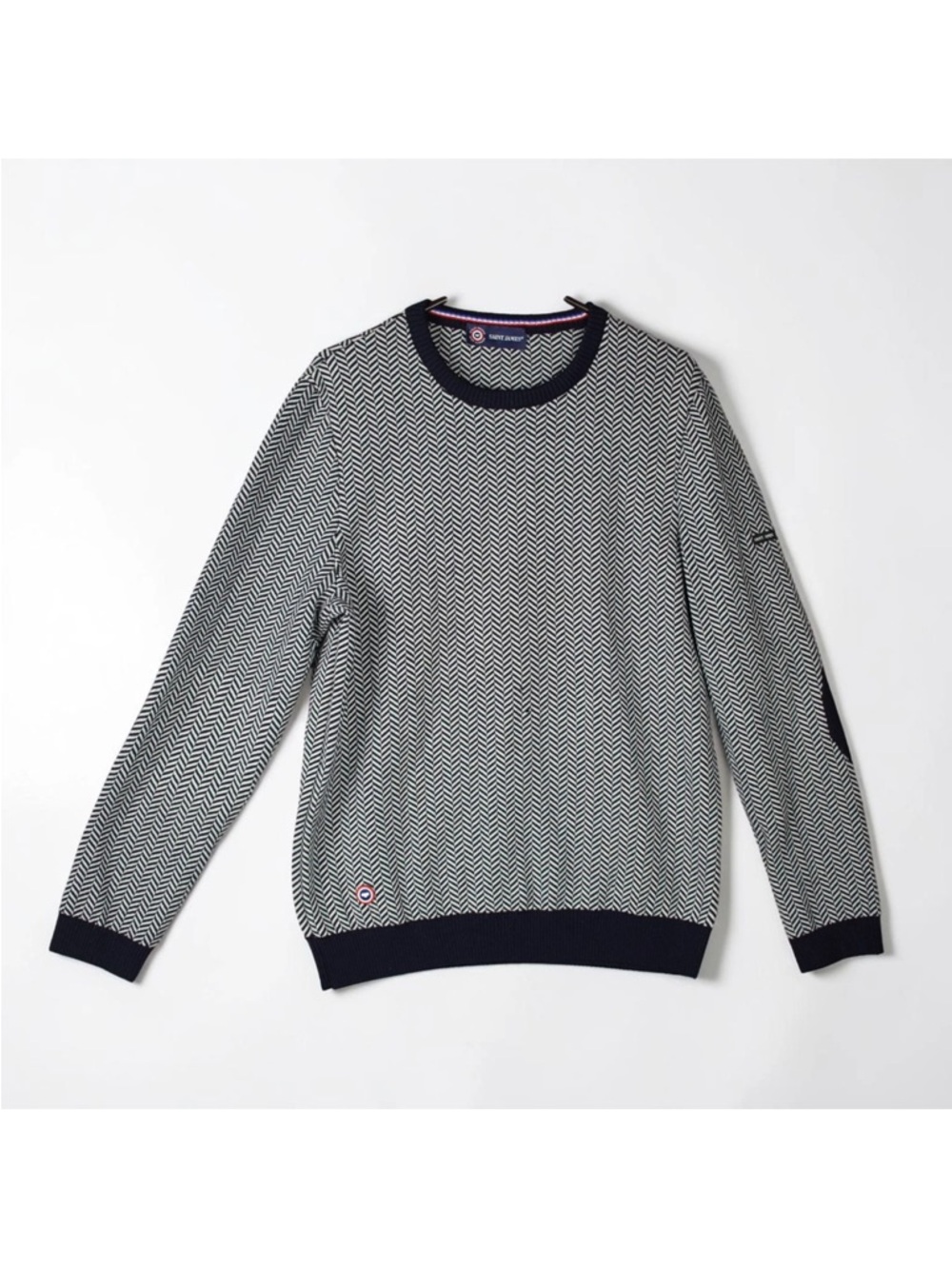 Saint James Men Sweater Wool Herringbone Jacquard Elbow Patches Crew Neck Sz M/L